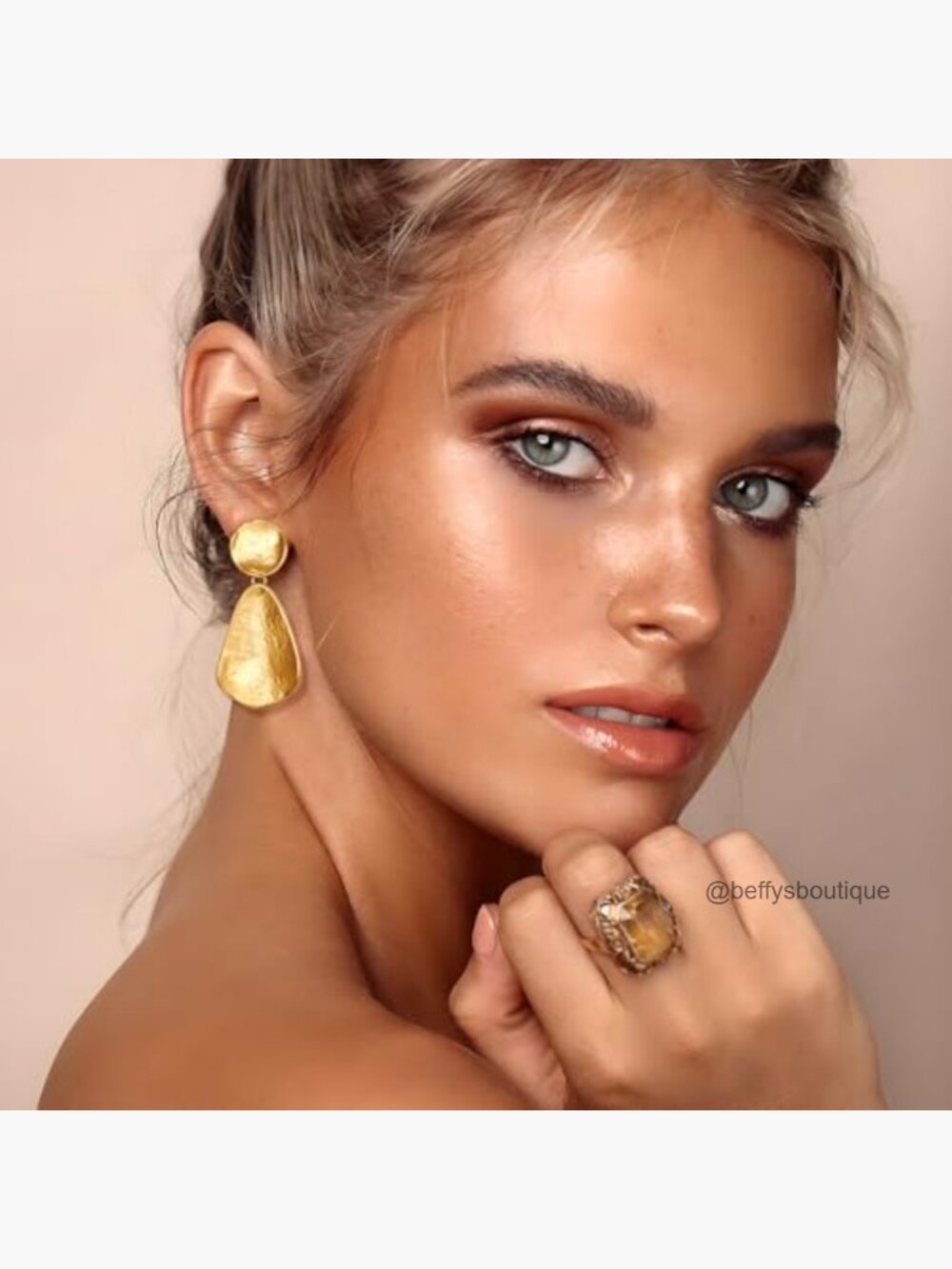Clip On Hammered Geometric Dangle Earrings Gold Plated Brass - Picture 3 of 7